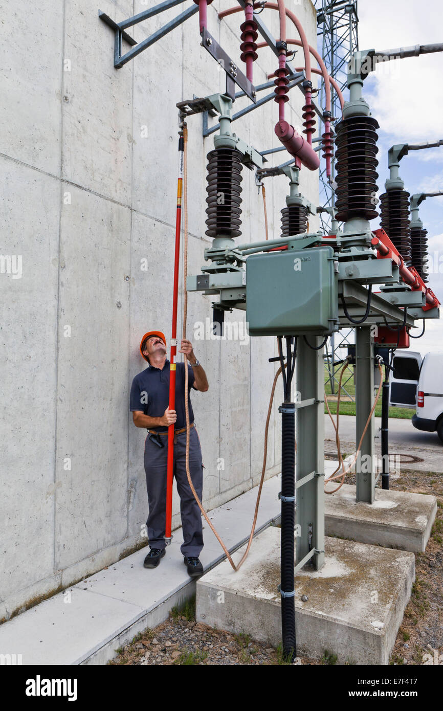 Special engineer during outdoor work at a substation of transmission