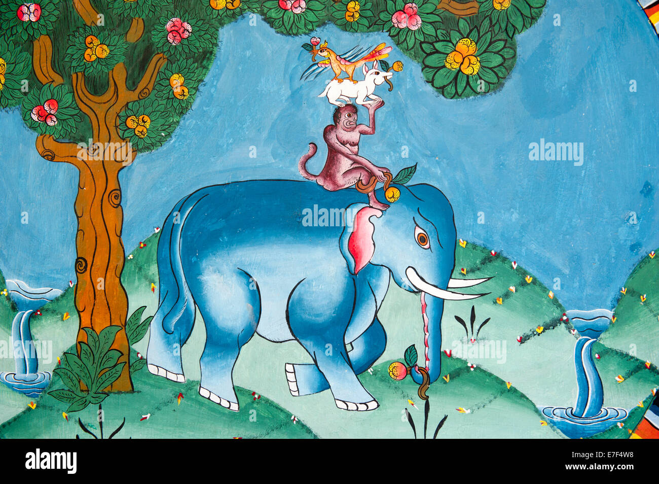Mural depicting the legend of the four friends, elephant, monkey