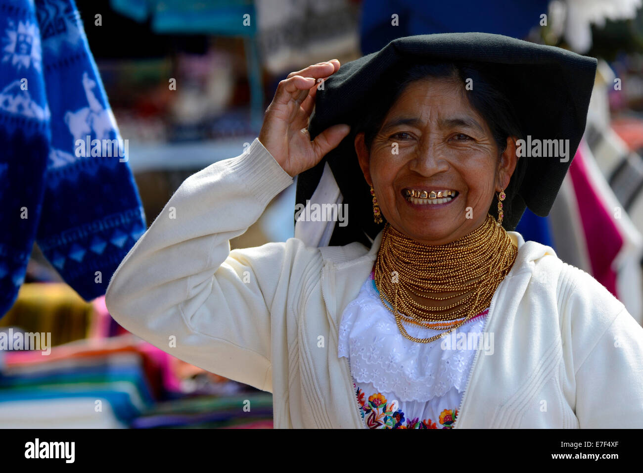 Market woman wearing a traditional Ecuadorian costume, Quito, Ecuador, South America Stock Photo