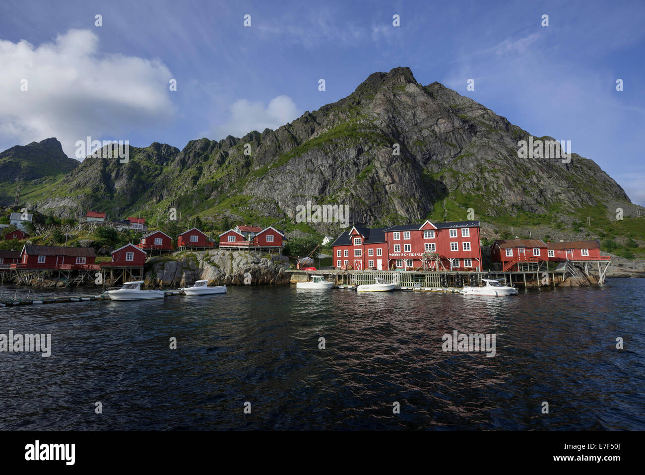 Motor boats at the Nordisk Museum, Lofoten, Å, Nordland, Norway Stock Photo