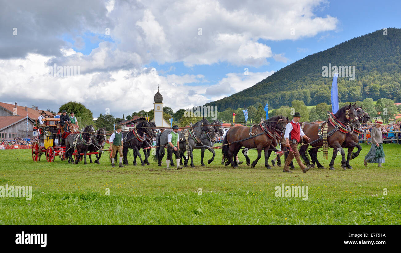 Ten-horse carriage with Noric horses from Abtenau in Salzburg Land, in front of Leonhardi Chapel, first international ten-horse Stock Photo