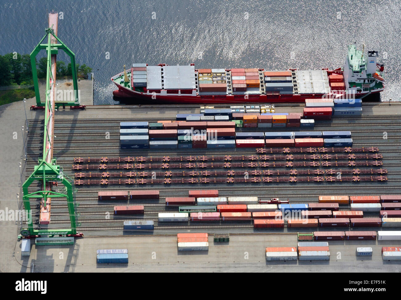 Aerial view, loading containers from ship on rail, Container Terminal Lübeck, Lübeck, Schleswig-Holstein, Germany Stock Photo