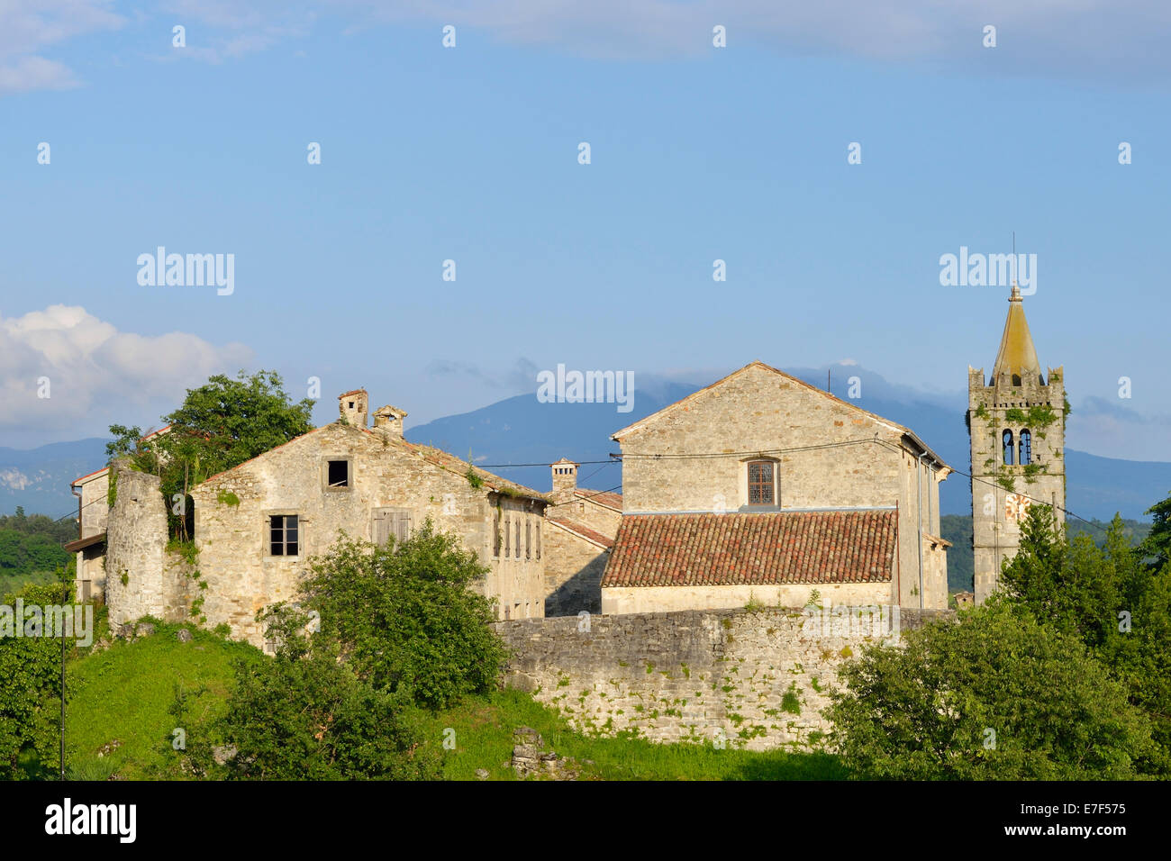 The smallest town in the world, with the bell tower of the Church of the Assumption, Hum, Istria, Croatia Stock Photo