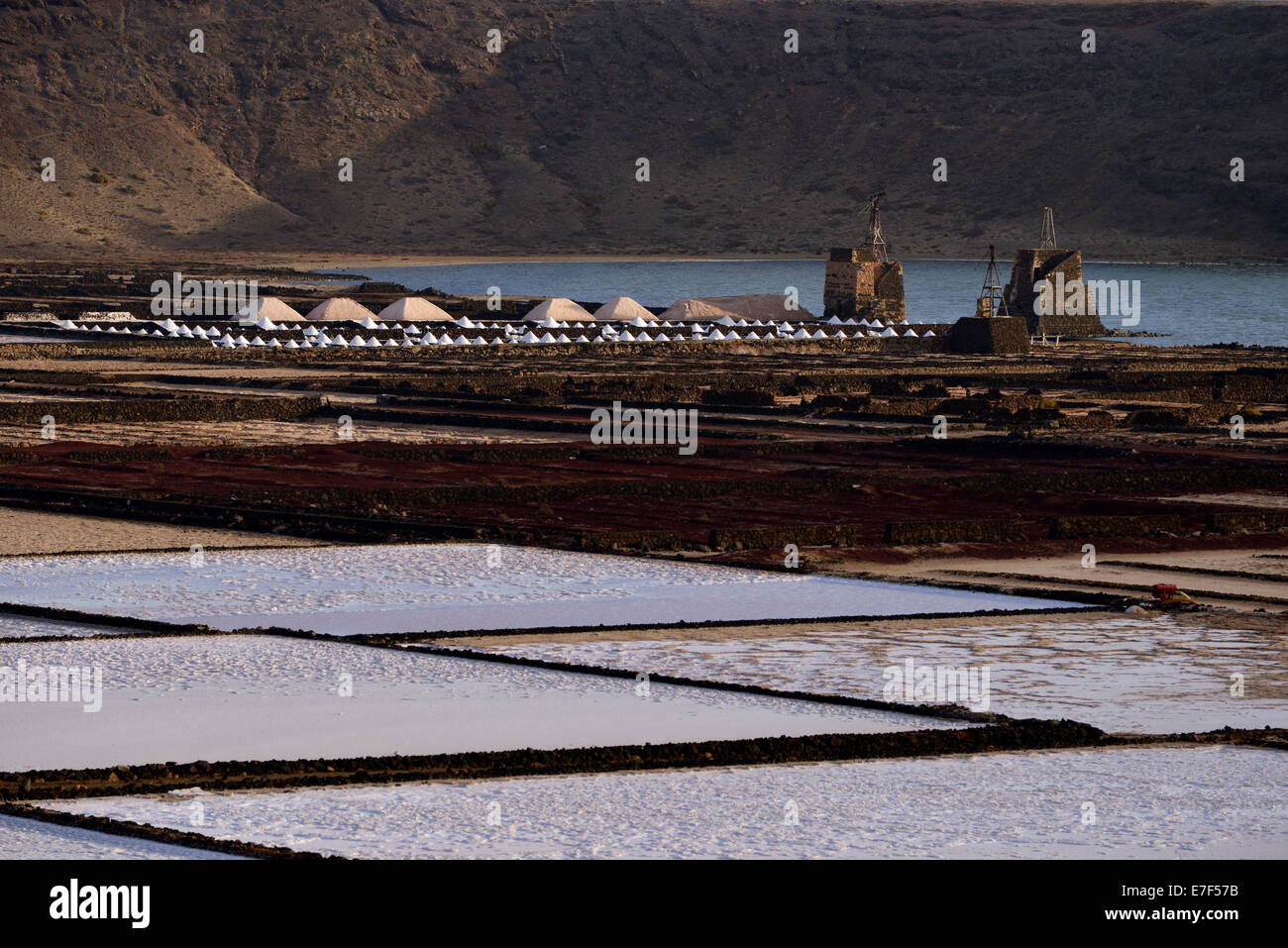 Sea salt production, saltworks, Salinas de Janubio, Lanzarote, Canary Islands, Spain Stock Photo