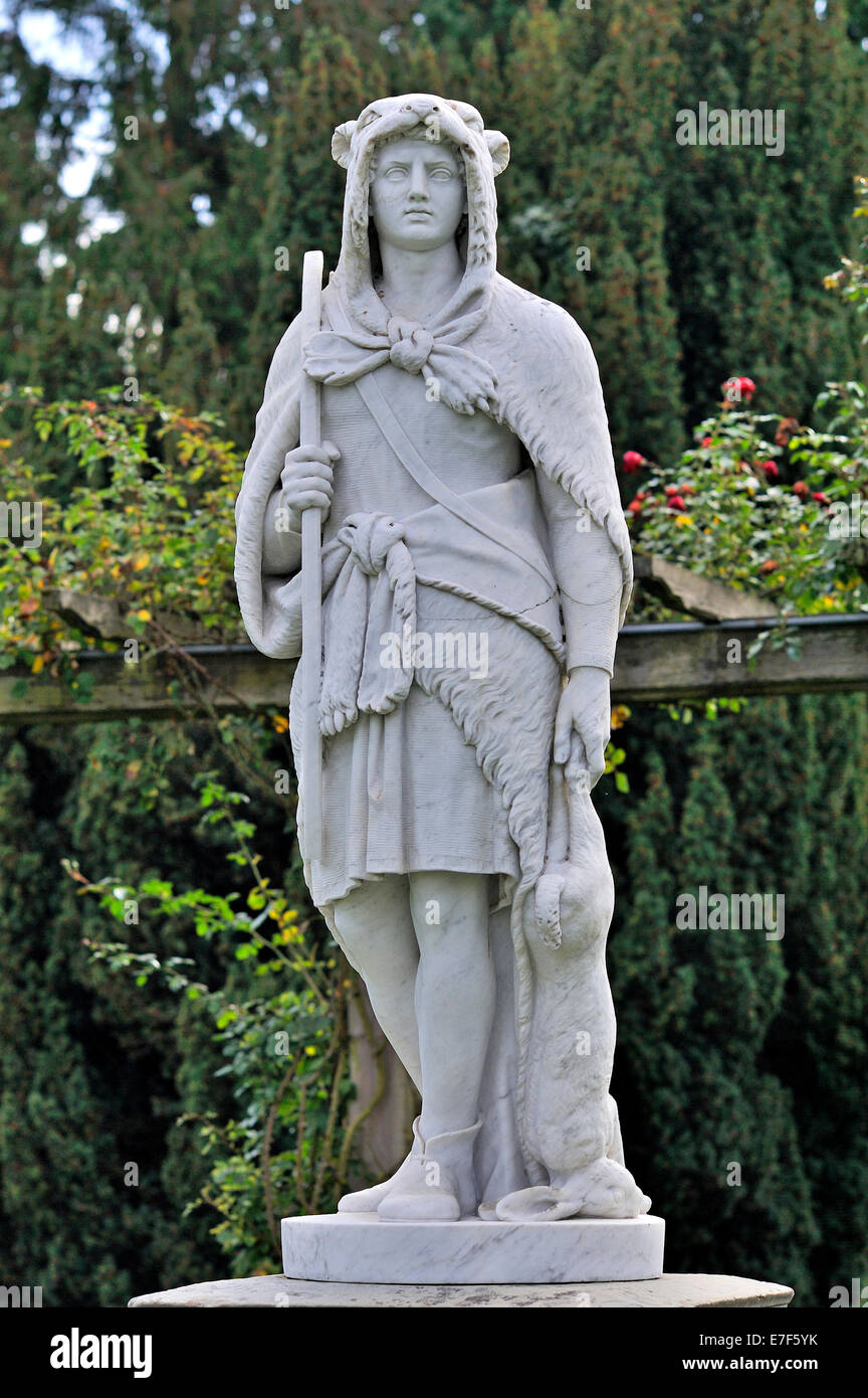 Roman marble sculpture with a lion skin and rabbit as kill, Italian Rose Garden, Mainau, Baden-Württemberg, Germany Stock Photo