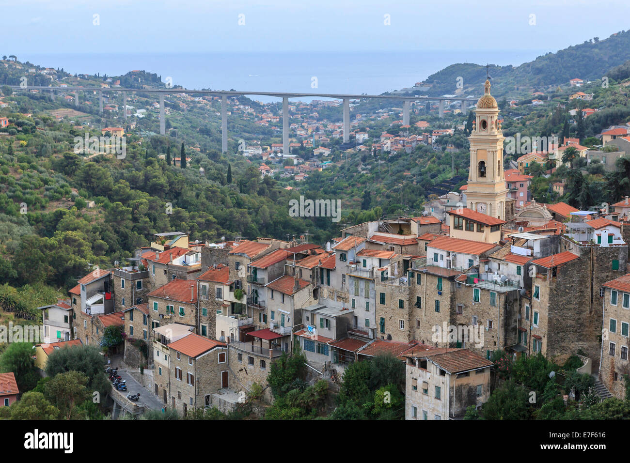 Townscape with the Church of San Lorenzo, Vallebona, Liguria, Italy Stock Photo