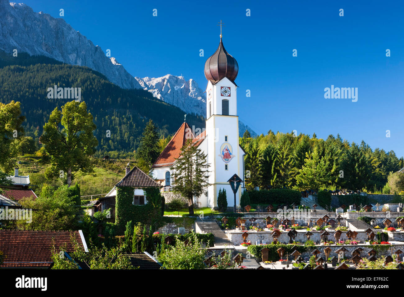 St. John's Church before Zugspitze, Grainau, Werdenfelser Land, Upper Bavaria, Bavaria, Germany Stock Photo