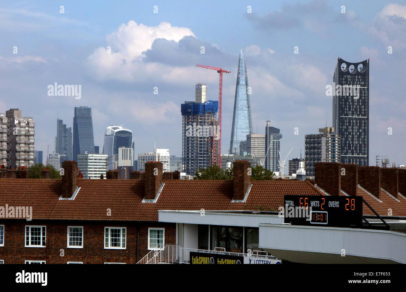 London skyline with (L-R) Cheesegrater, Walkie-Talkie, Shard and Strata Tower Stock Photo