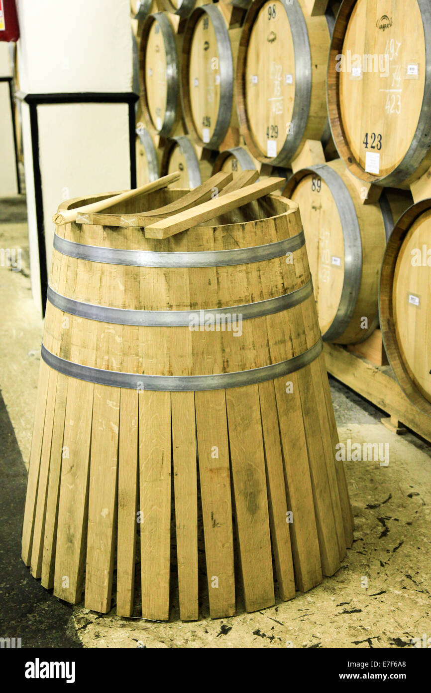 barrel making at the Ararat is an Armenian brandy that has been produced by the Yerevan Brandy Company since 1887. Photographed Stock Photo