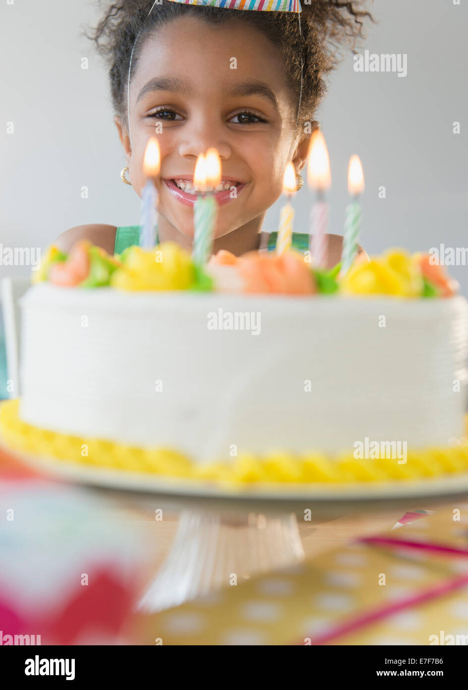 African American girl celebrating birthday Stock Photo