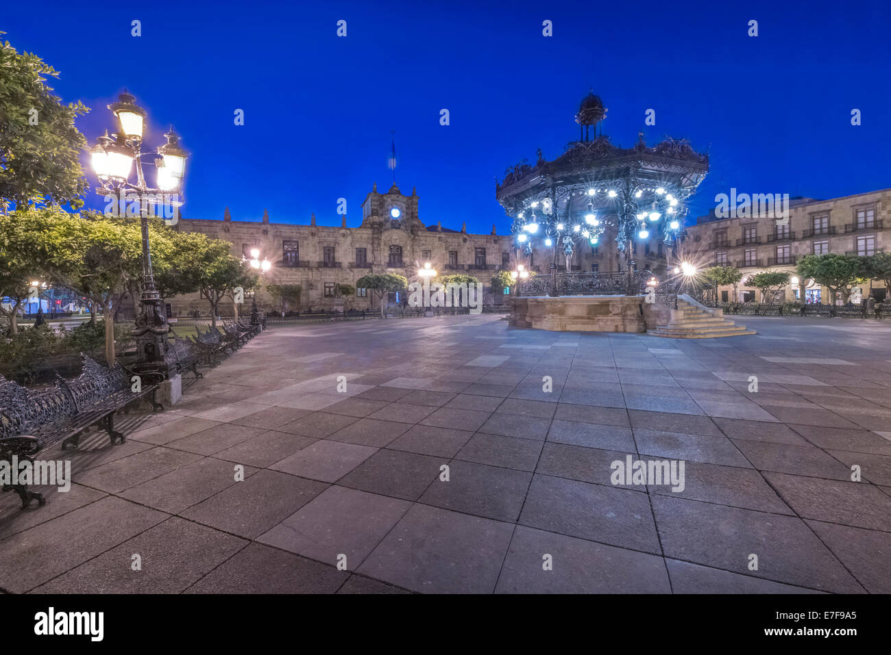 Illuminated monument in Plaza de Armas, Guadalajara, Jalisco, Mexico
