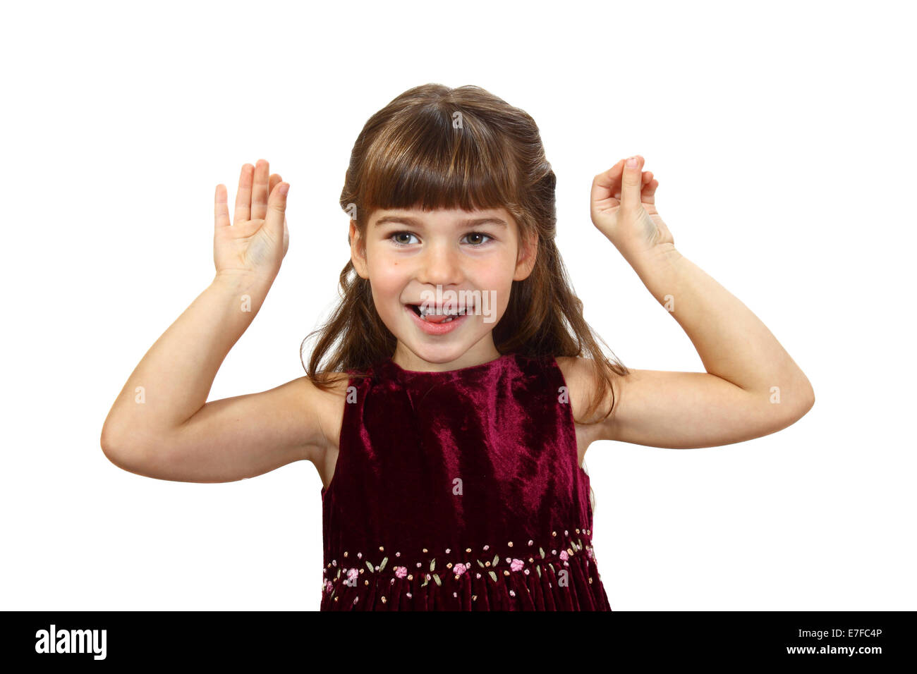 Cute little girl teases. Portrait isolated on white background Stock Photo