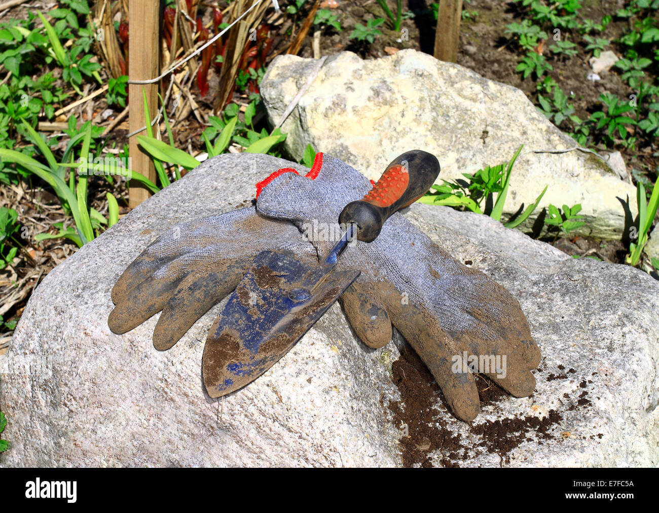 Garden tool lies over dirty work gloves on the stone Stock Photo