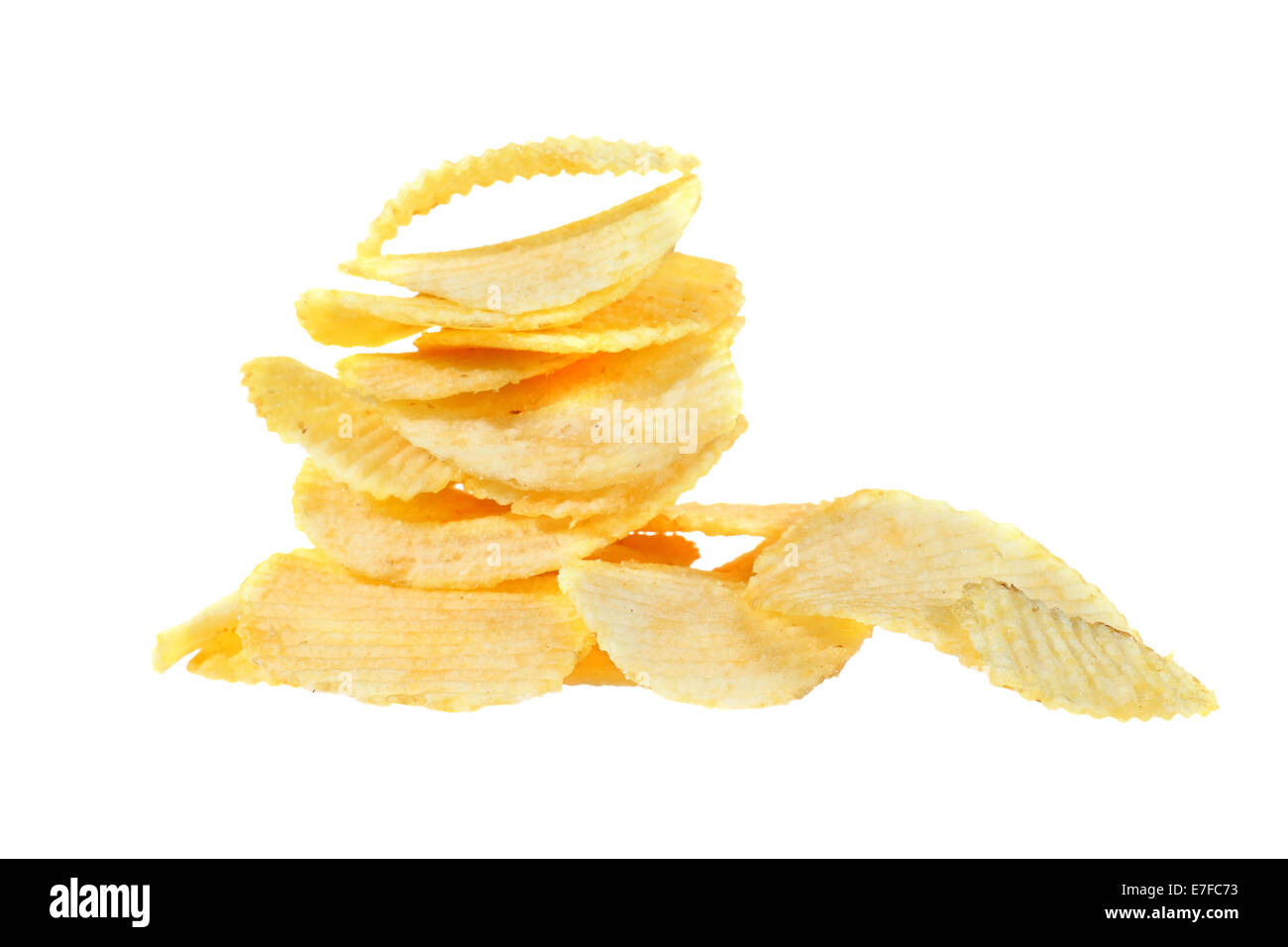 Pile of potato chips isolated on white Stock Photo
