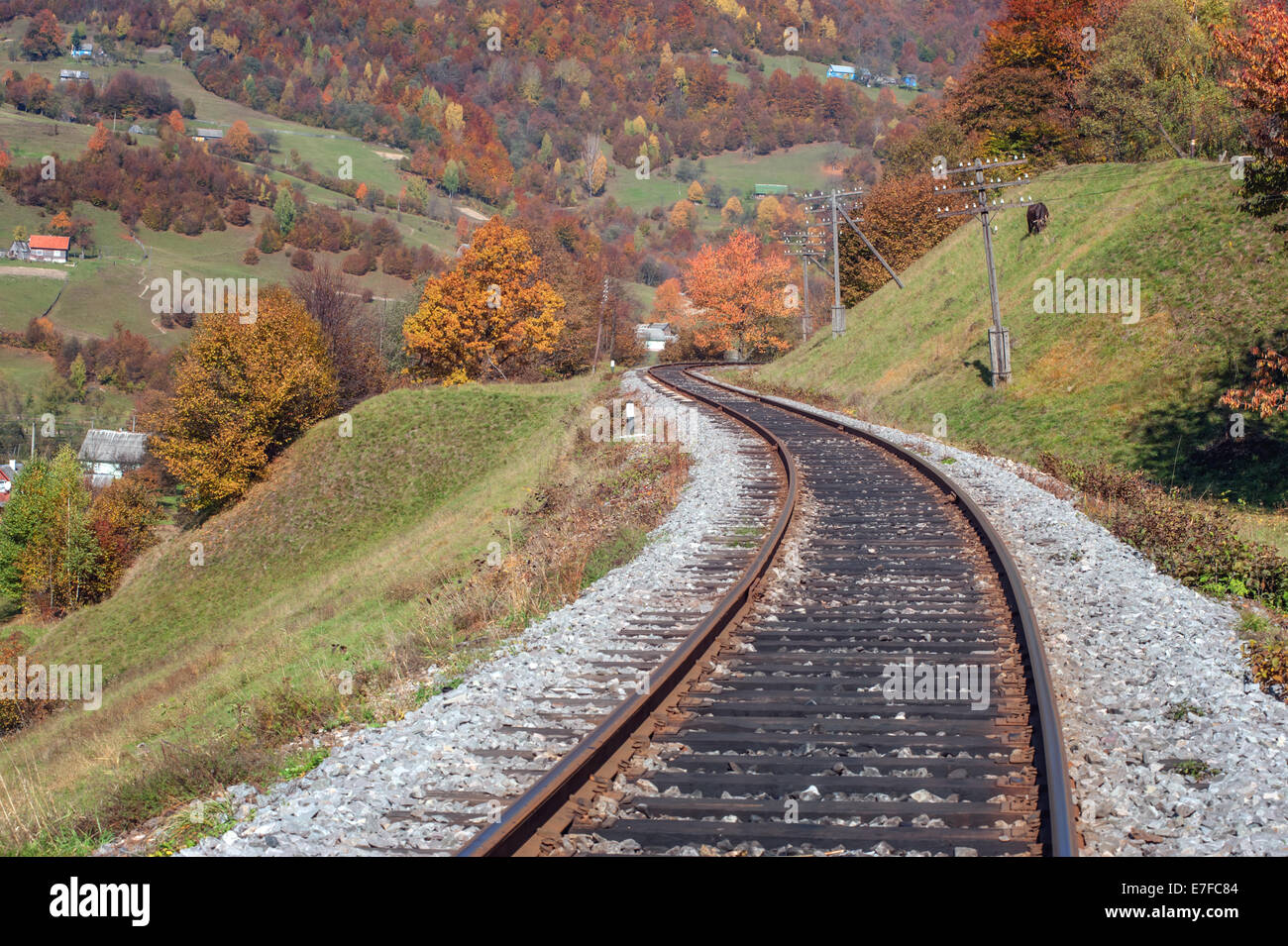 metal railway in autumn time Stock Photo