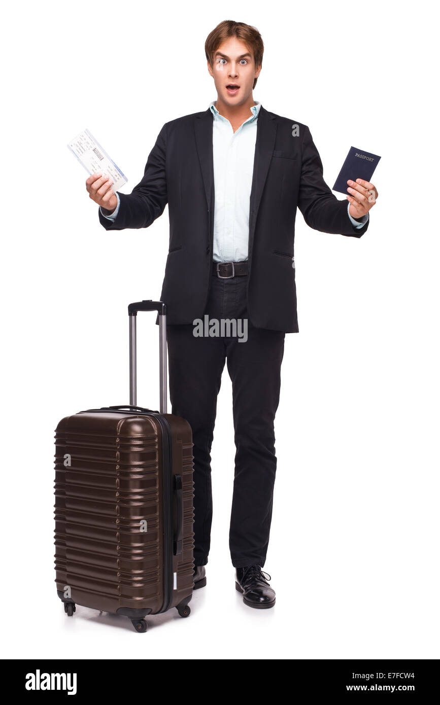Surprised businessman with suitcase Stock Photo