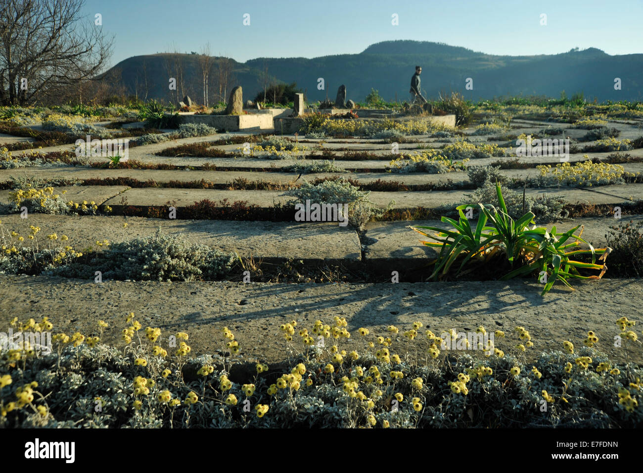 Hogsback, Eastern Cape, South Africa, woman walking at the Labyrinth tourist attraction in late afternoon sunshine Stock Photo