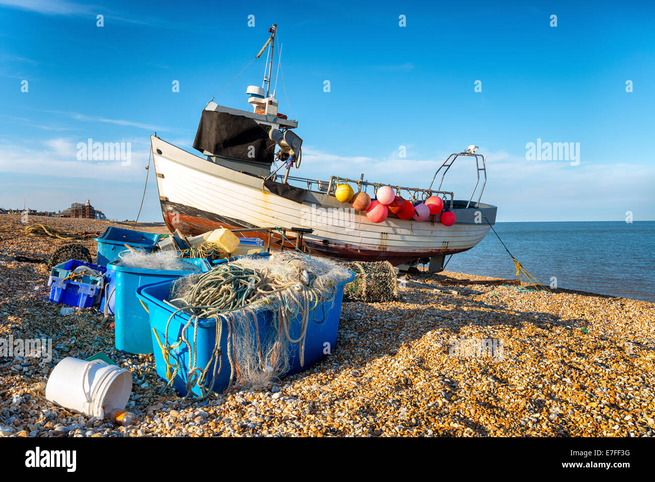 Fishing boat on the shingle beach at Deal in Kent Stock Photo