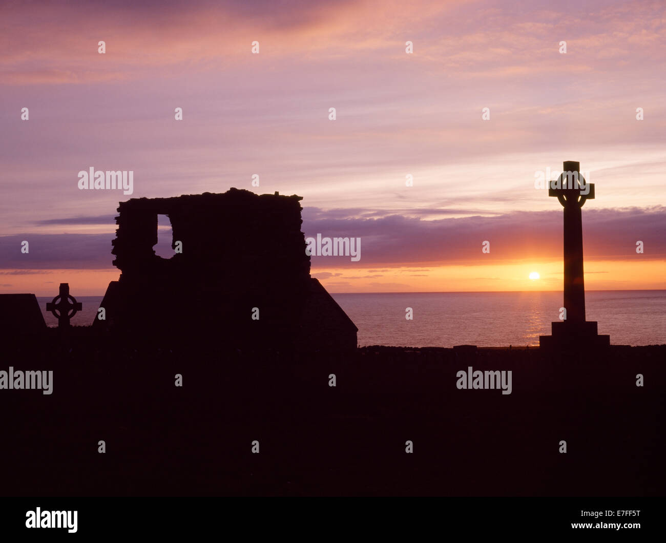 Silhouette of ruined St Mary's Medieval abbey tower & Victorian Celtic
