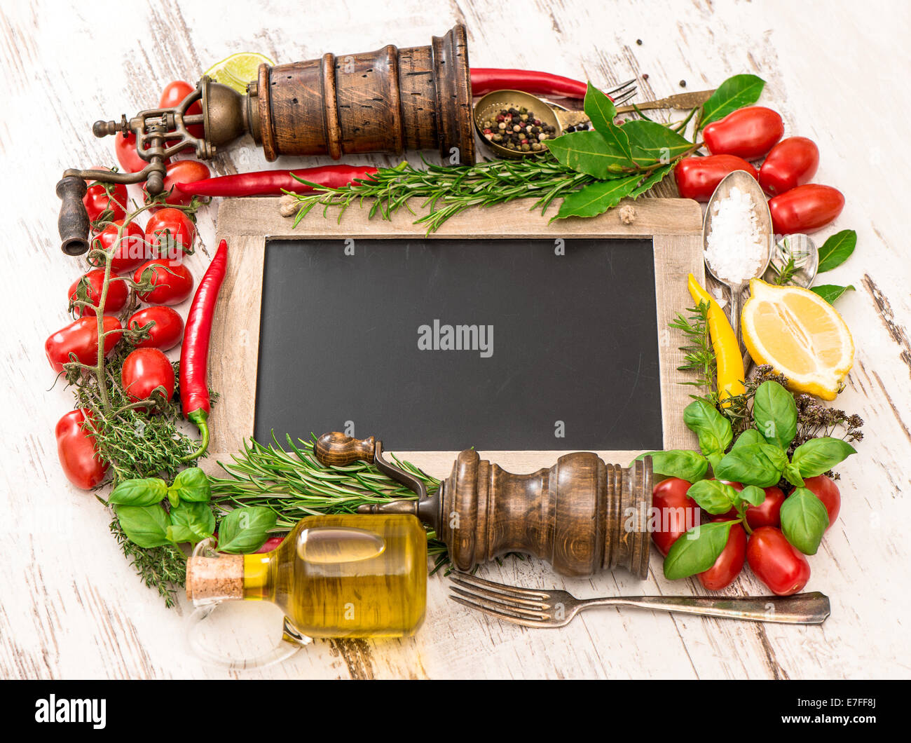 fresh vegetables, spices and herbs with blackboard. food ingredients Stock Photo