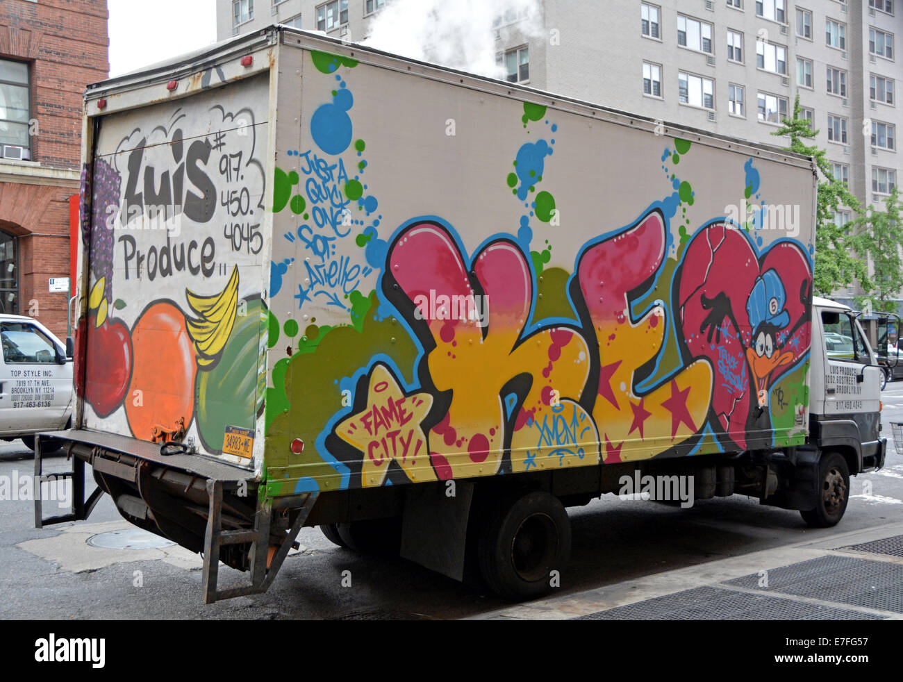 Truck with graffiti on Seventh Avenue in the West Village, New York City. Stock Photo
