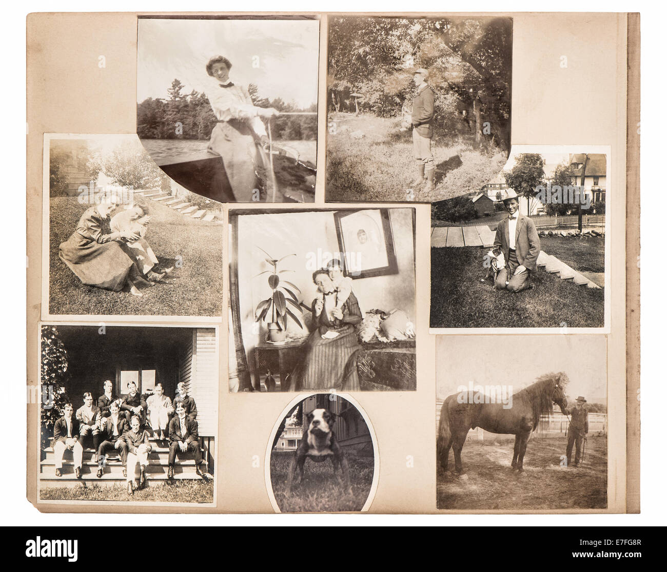 Vintage photo album page. Antique family and animals pictures from ca.  1880. Scrapbook Stock Photo - Alamy