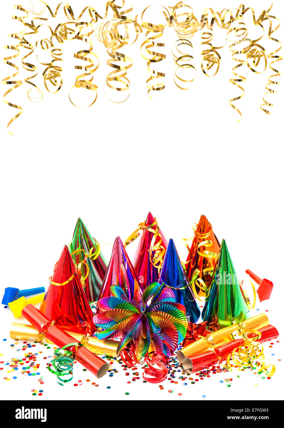 colorful garlands, streamer, party hats and confetti on white  background. carnival decoration Stock Photo