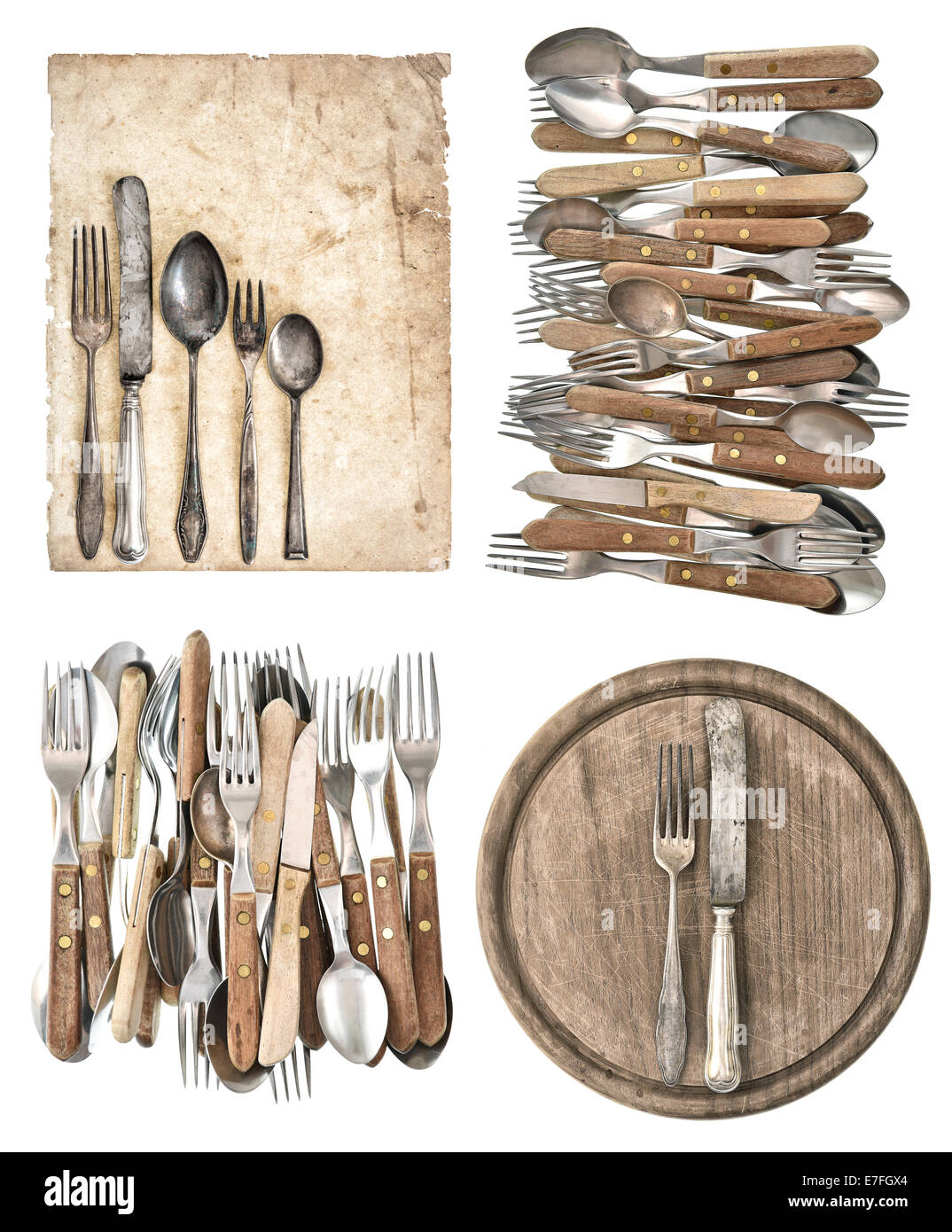 kitchen board, aged paper, antique kitchen utensils and vintage silver cutlery isolated on white background Stock Photo