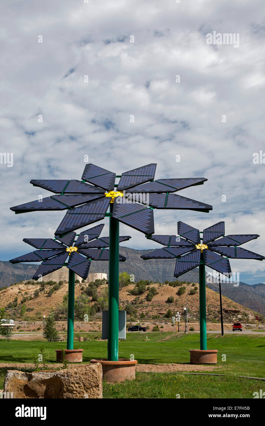Parachute, Colorado - Solar panels made to resemble flowers provide electricity for a rest stop on Interstate 70. Stock Photo