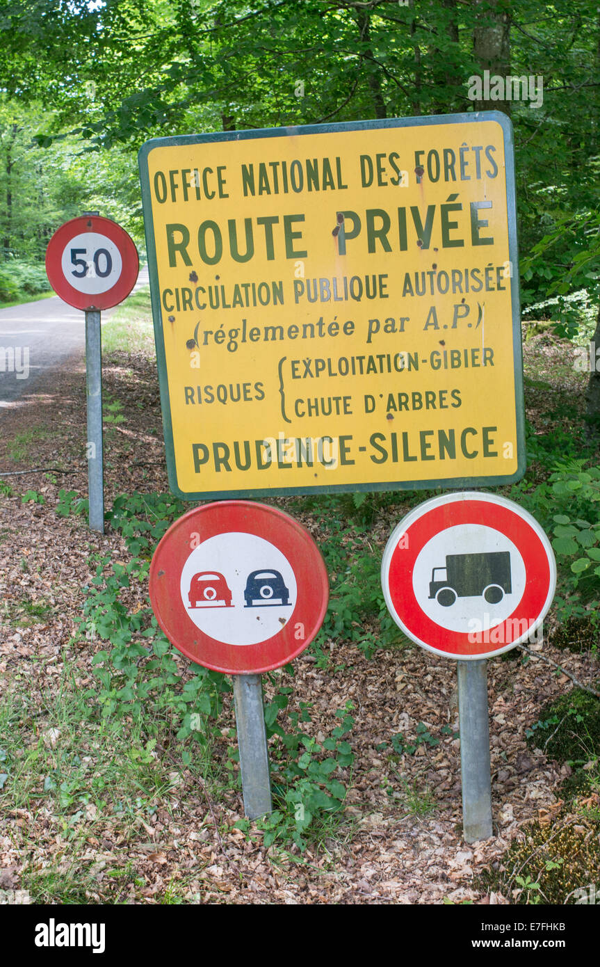 Road sign Route Privée through the national forest, Sille le Guillaume, Pays-de-la-Loire, France, Europe Stock Photo