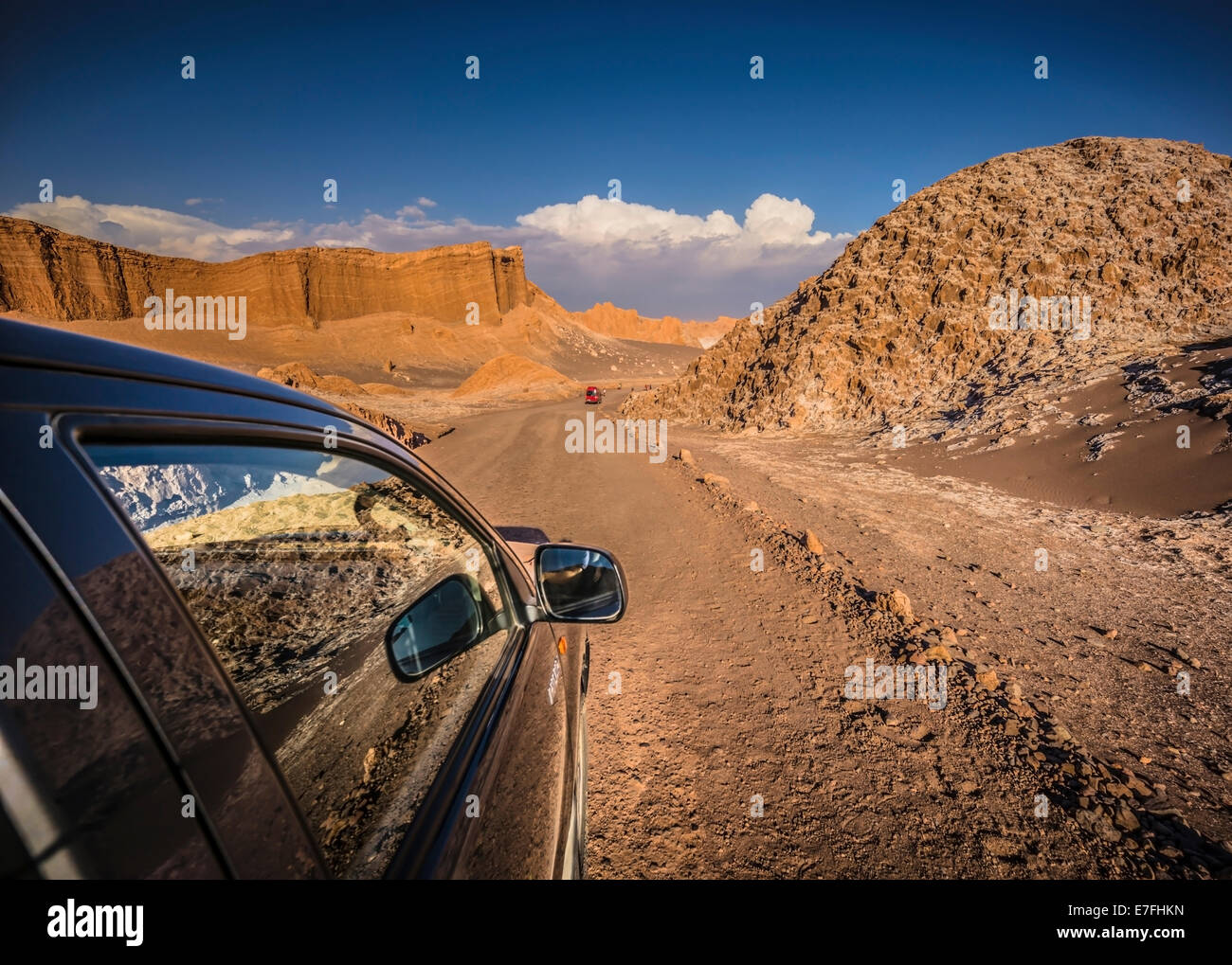 Driving through Moon Valley, Atacama Desert, Chile. Stock Photo
