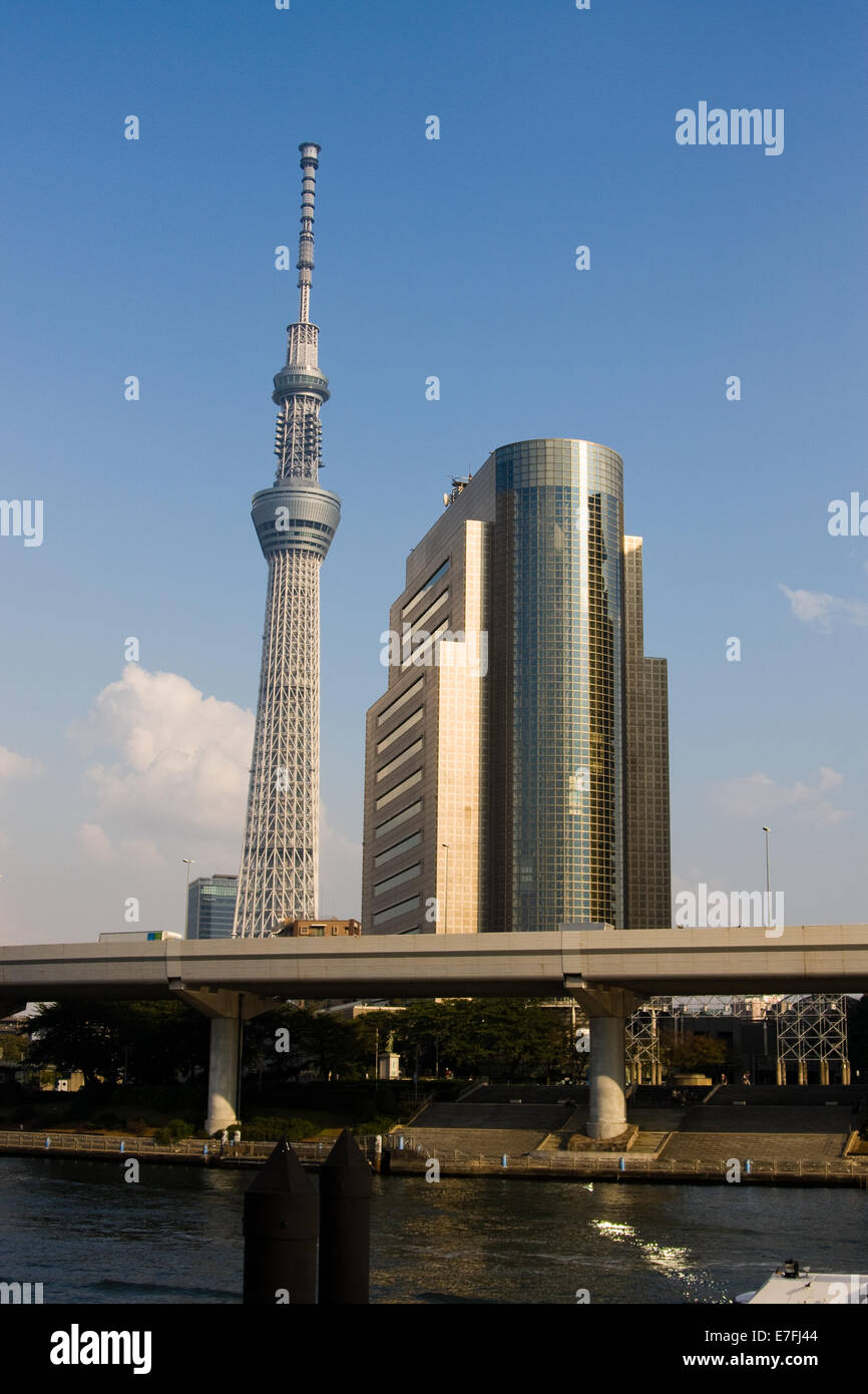 A view of the Skytree Tower in Sumida, Tokyo Japan, from across the Sumida River Stock Photo