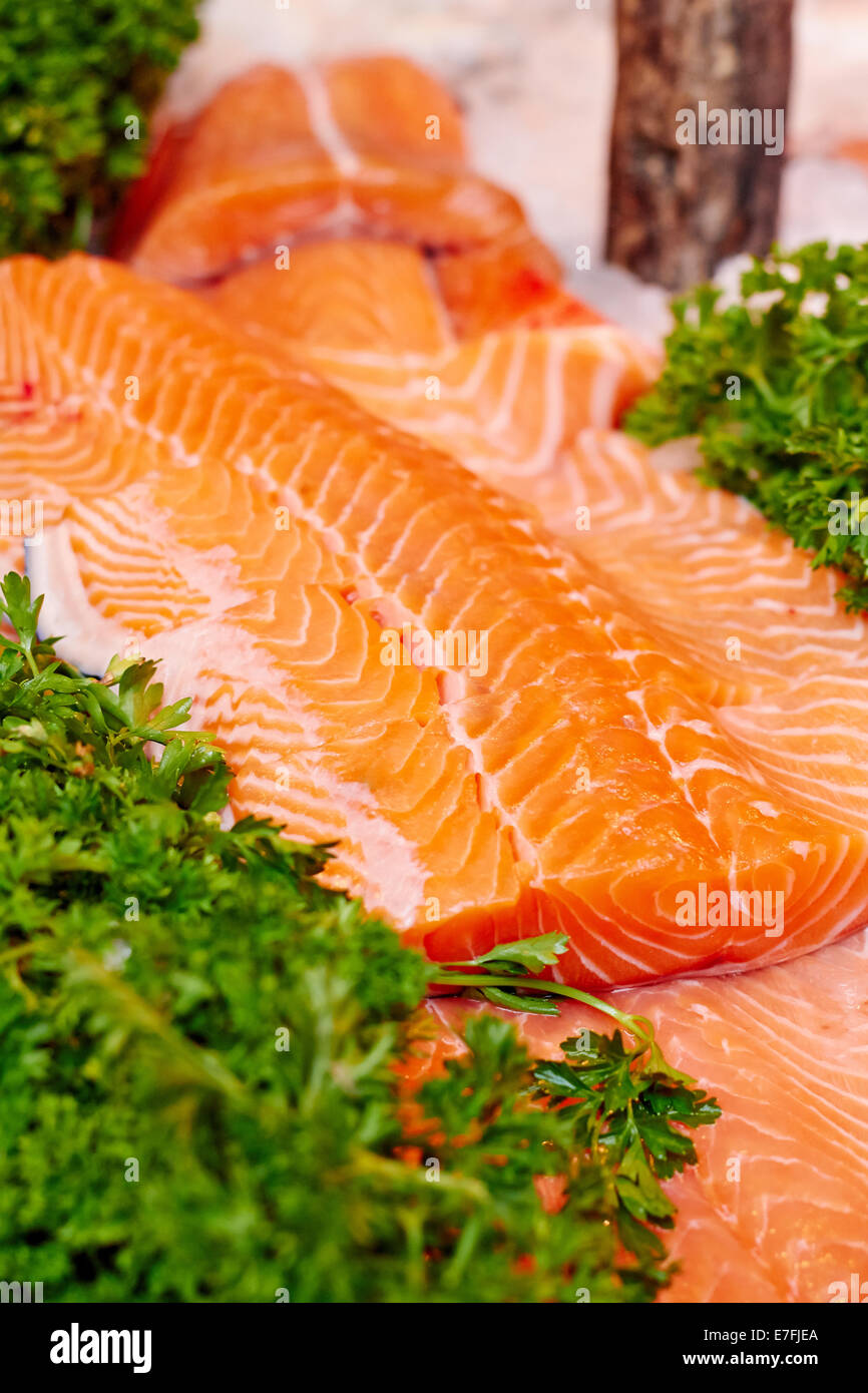 Salmon fillet at the market, on ice Stock Photo