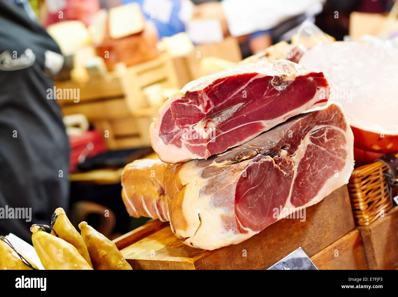 Prosciutto at the market, leg Stock Photo Alamy