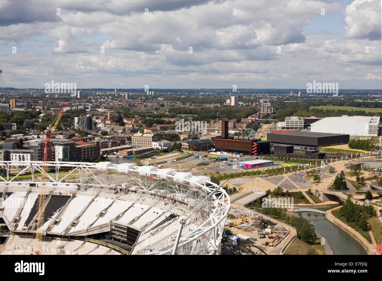 A view from the ArcelorMittal Orbit across Queen Elizabeth Olympic Park detail of Orbit and Stadium. Stock Photo