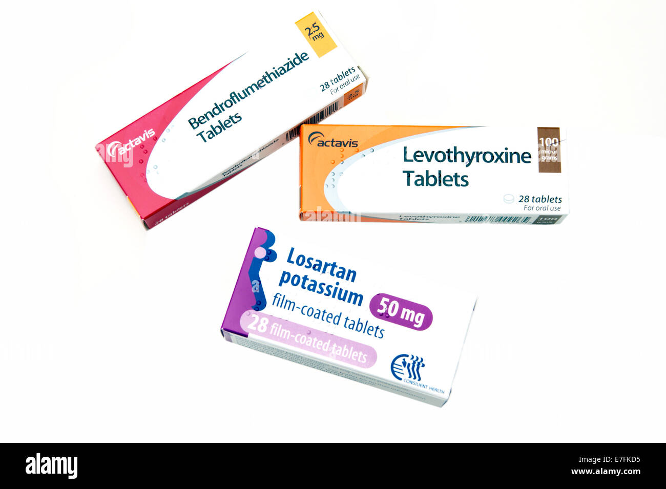 Boxes of mixed medication Bendroflumethiazide Levothyroxine & Losartan tablets for varying conditions Stock Photo