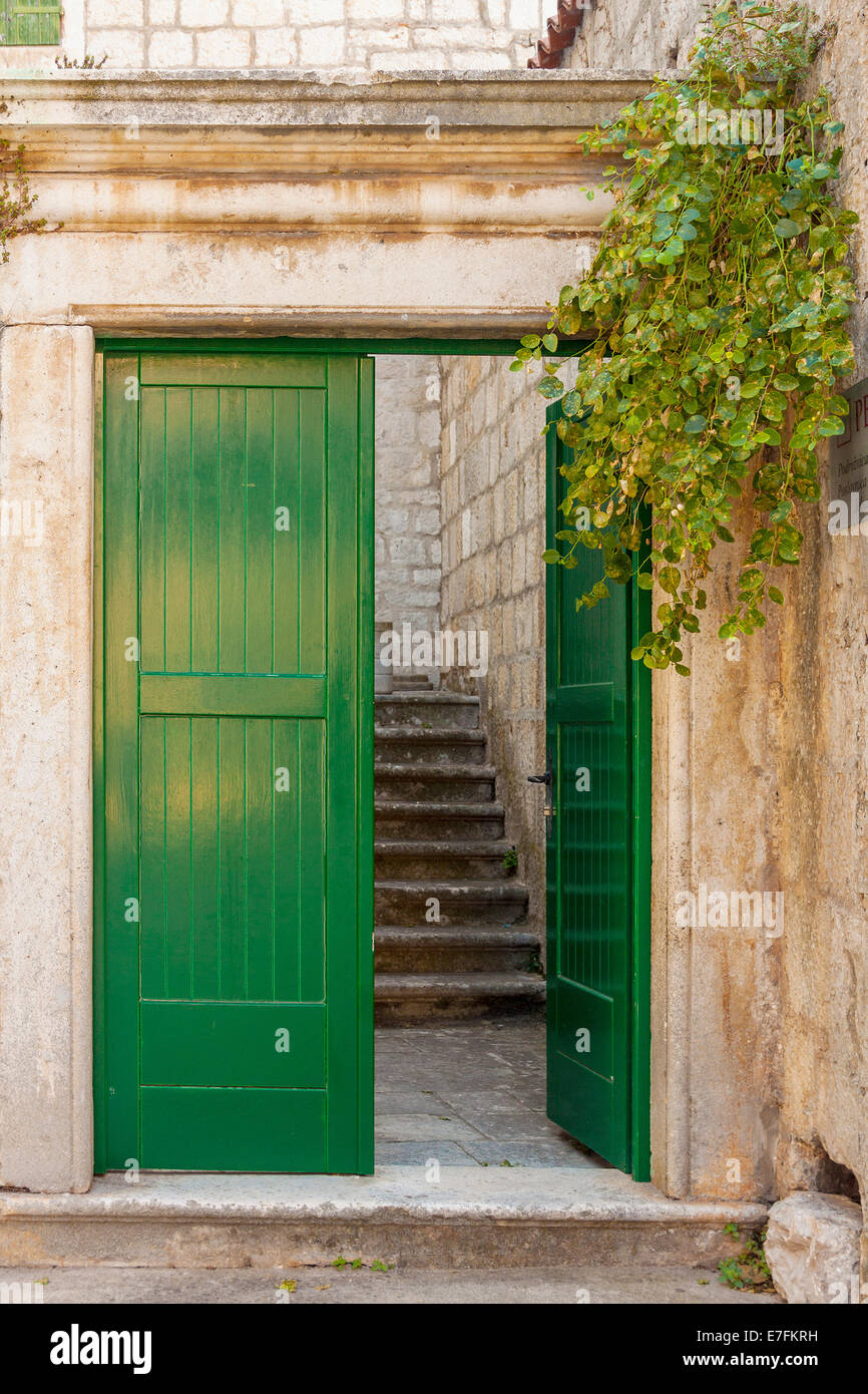 Green door in Jelsa, Hvar island, Croatia Stock Photo