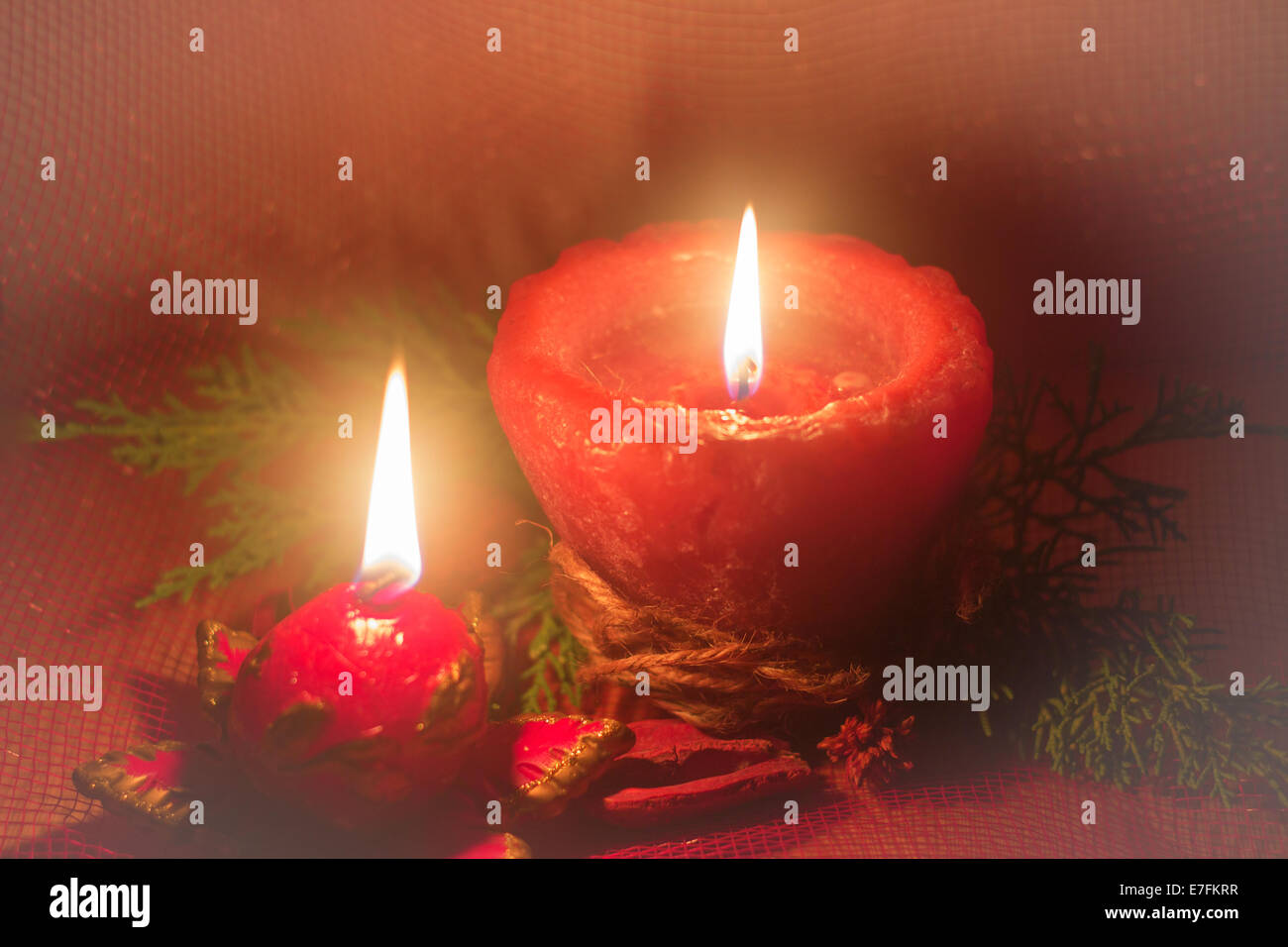 Christmas candle red flame fire 'copy space' horizontal dusk dark closeup Stock Photo