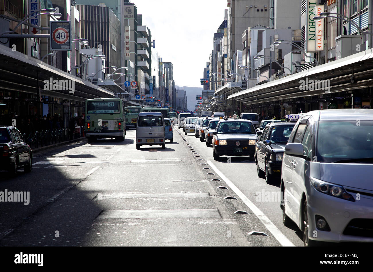 Cars, traffic on the road, red lights in Kawaramachi street, Kyoto, Japan, Asia Stock Photo