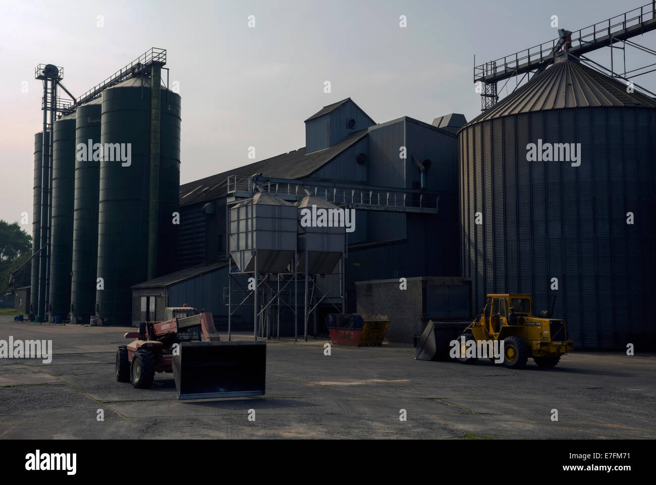 Tractors for moving grain to be processed and stored in giant silos. Stock Photo