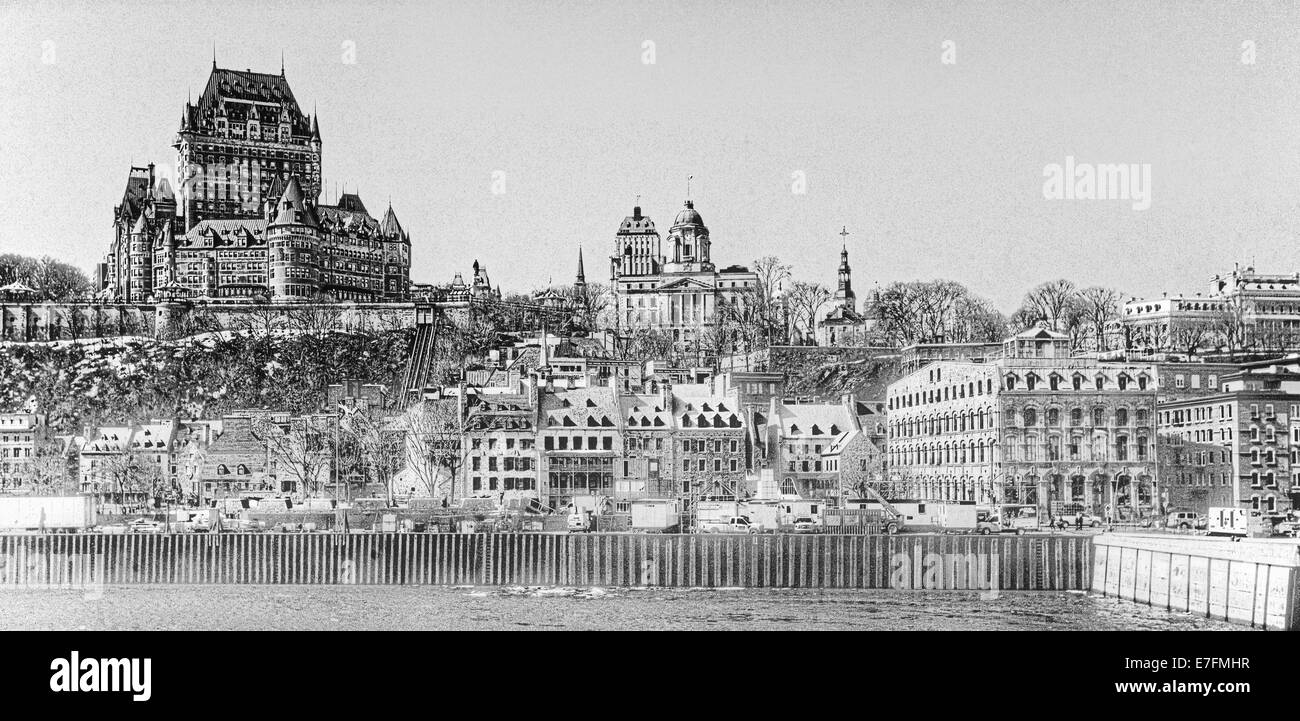 A black and white panoramic view of old Quebec City, Canada as seen from the St. Lawrence River Stock Photo