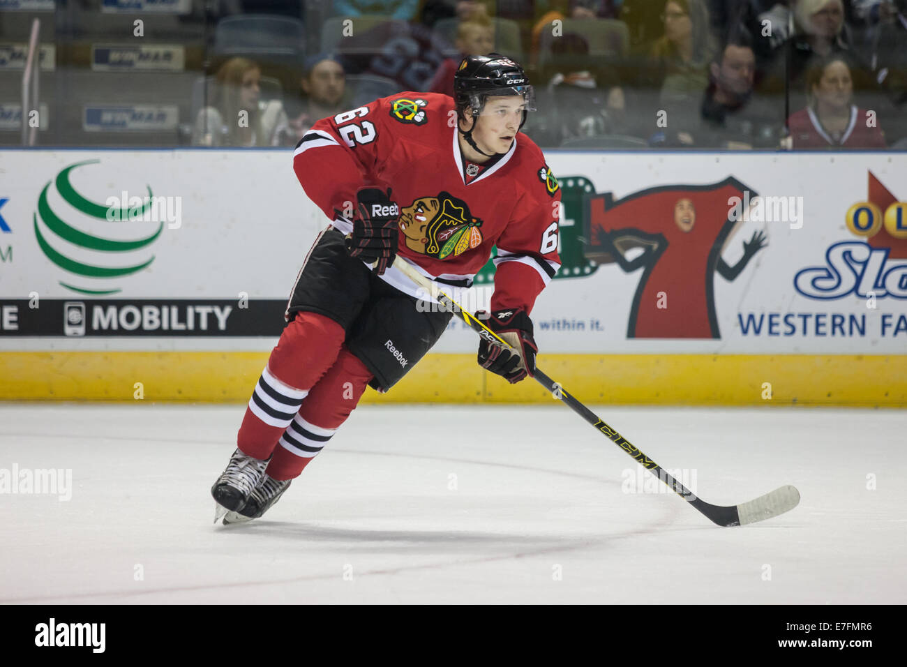 London, Ontario, Canada.  September 14, 2014. Alex Broadhurst (62) of the Chicago Blackhawks follows the play during a game between the Pittsburgh Penguins and the Chicago Blackhawks at the 2014 NHL Rookie Tournament being played at Budweiser Gardens. © Mark Spowart/Alamy Live News Stock Photo