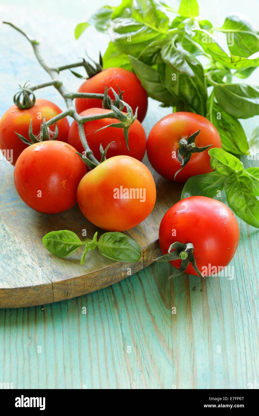 branch of fresh organic tomatoes with green basil on wooden background ...