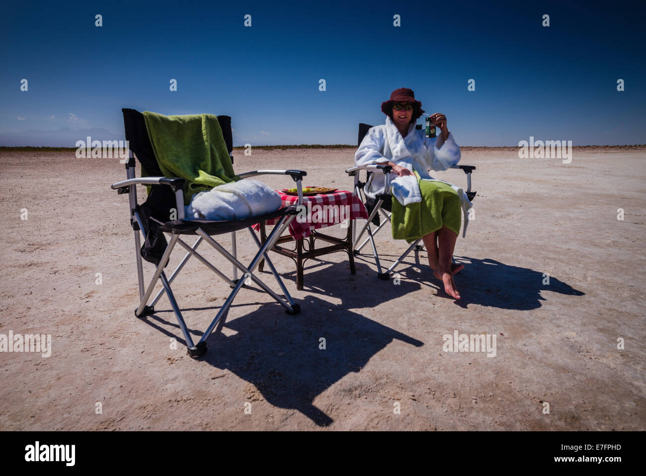 Chilling out on the saltpan, Atacama desert, Chile. Stock Photo