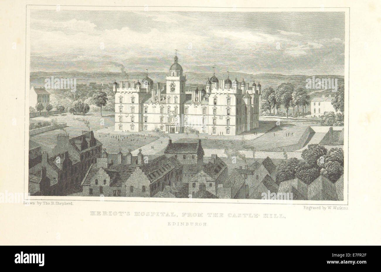 MA(1829) p.139 - Heriot's Hospital, from the Castle hill, Edinburgh - Thomas Hosmer Shepherd Stock Photo
