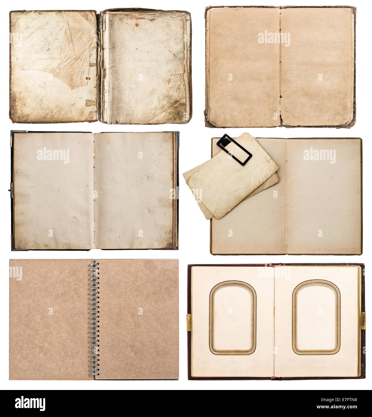 old books with aged paper pages isolated on white background Stock Photo