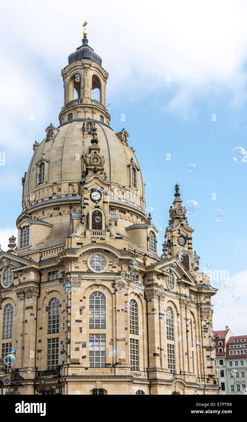 Soap bubbles flying in front of Dresden Frauenkirche Stock Photo