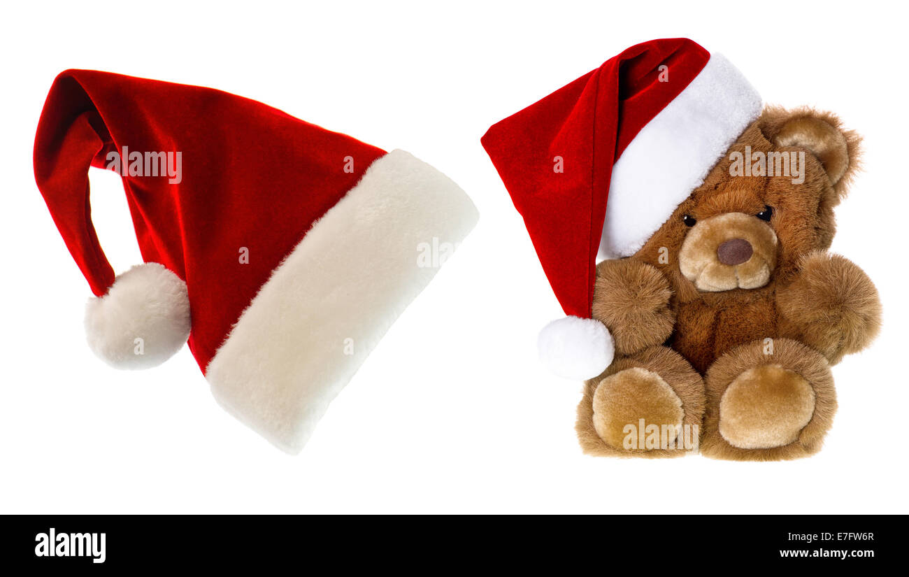 cute vintage teddy bear with santa hat. christmas decorations Stock Photo