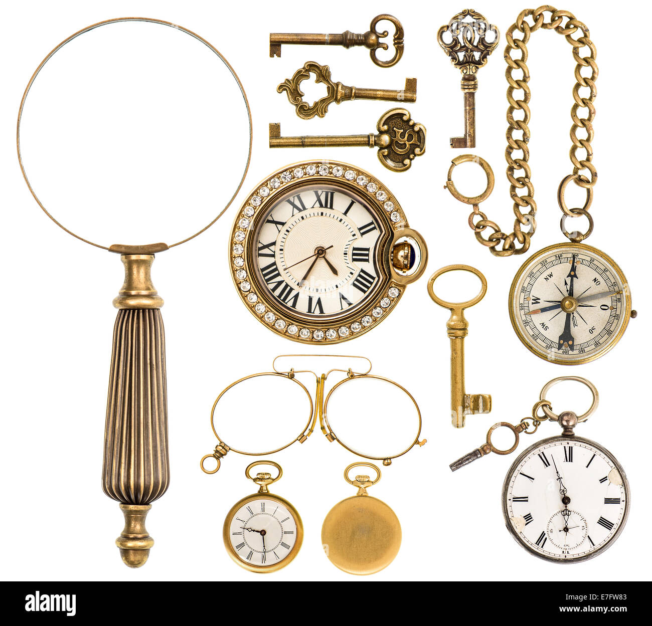 collection of golden vintage accessories, jewelry and objects