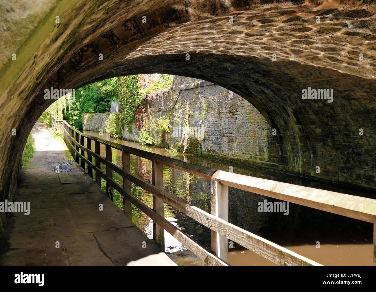 Towpath leading under road bridge in Skipton, North Yorkshire,UK Stock Photo